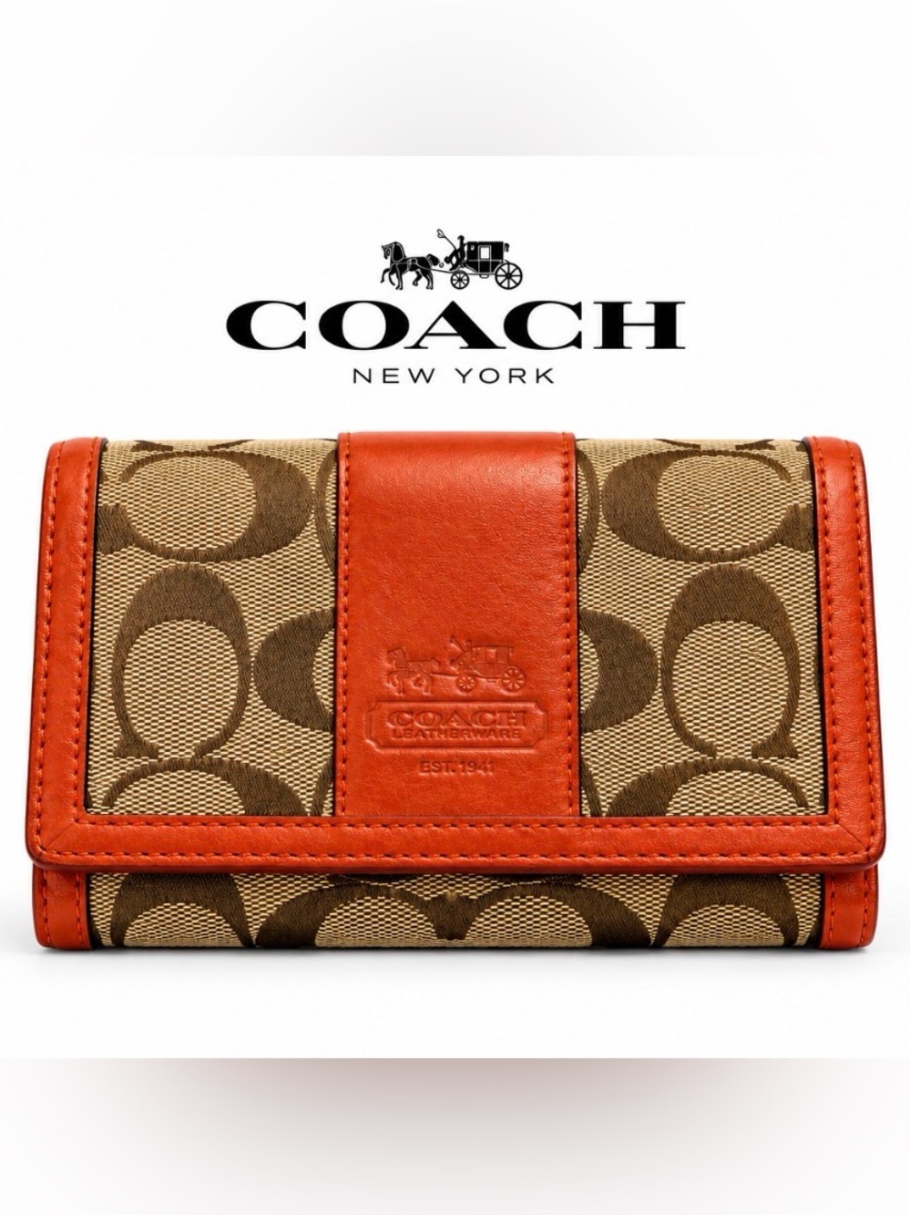 Coach Signature Trifold Wallet Cognac Leather and Canvas Vintage Y2K EUC
